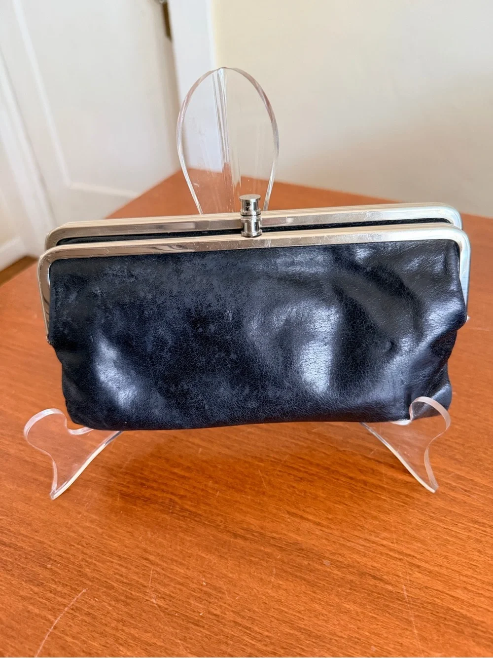HOBO Black Leather Frame-Top Clutch with Silver Hardware